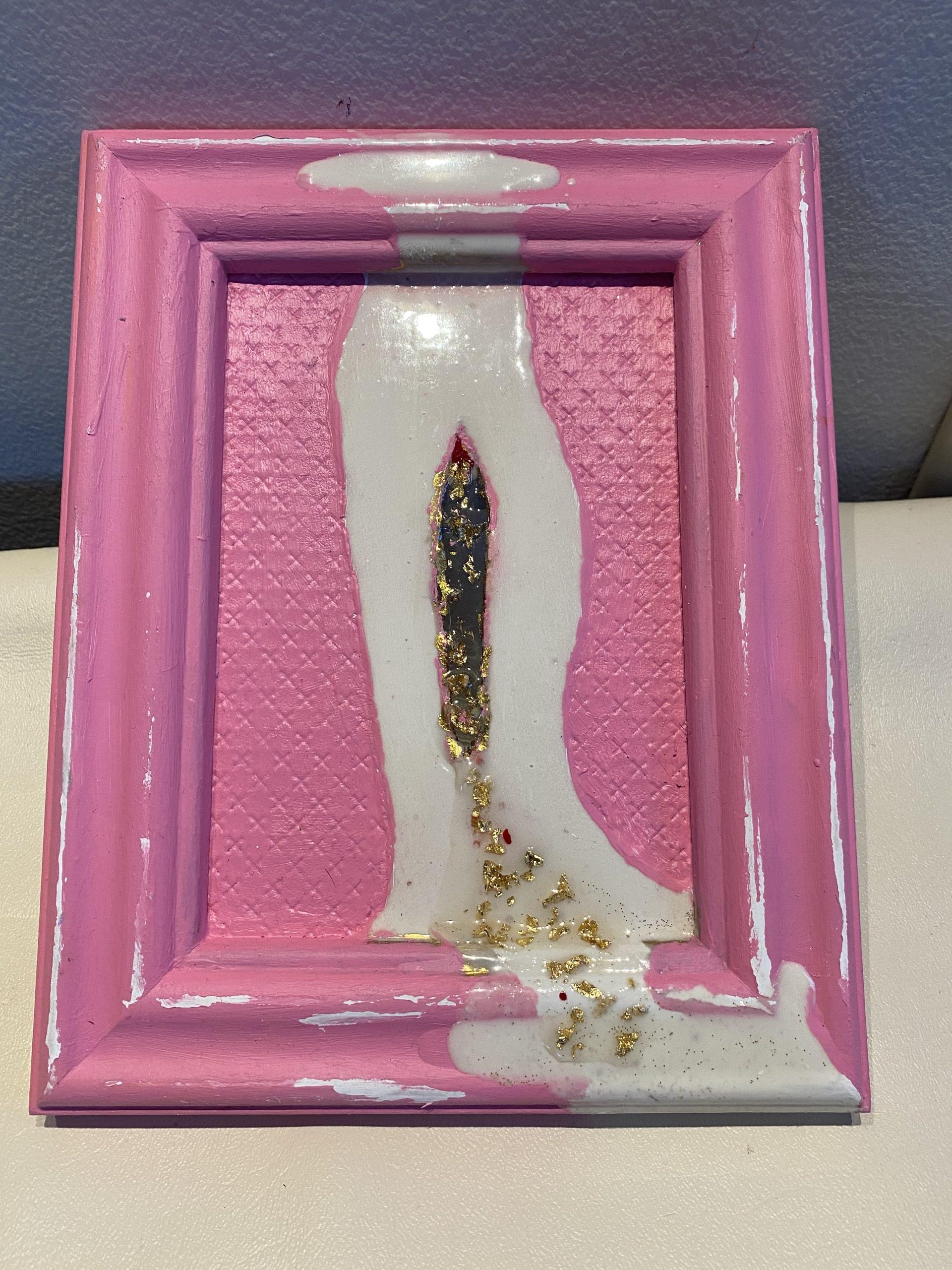 Slutty Art by Aidi Kansas - Code Pink framed 7x9 in.  Acrylic, leather, resin,  golf leaf 